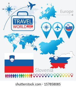 Republic of Slovenia. flag. World Map. Travel vector Illustration.