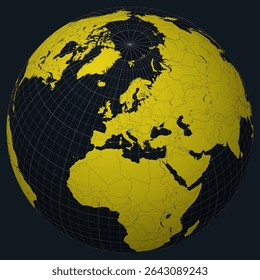 República da Eslovênia no Globe. Vista do país no mapa do mundo em Carvão amarelo brilhante paleta de cores. Forma eslovena no mapa. Globo com meridianos, paralelos, países, rios e lagos.