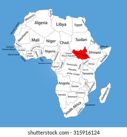 República de Sudán del Sur silueta de mapa de Vector aislado en mapa de África. Mapa de Vector editable de África.