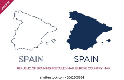 REPUBLIC OF  SPAIN Highly detailed maps of European Union countries. vector outline and blue silhouette map of SPAIN isolated on white background. Political map, map of Europe, world map