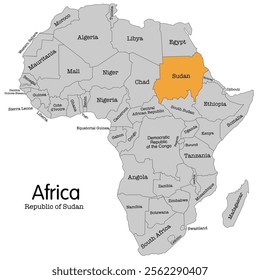 Republic of Sudan vector map silhouette isolated on Africa map. Editable vector map of Africa.