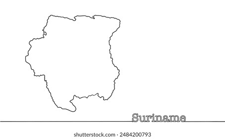 República de Surinam. País situado en el noreste de Sudamérica. Un mapa dibujado con una línea continua y texto al lado.