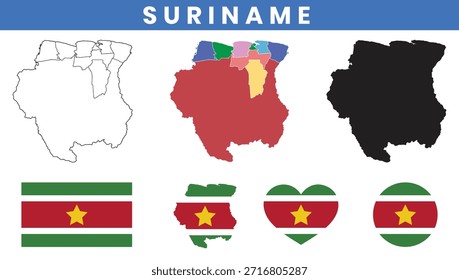 República de Surinam Mapa y Bandera Vector Set