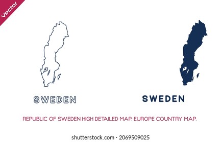 REPUBLIK SCHWEDEN Sehr detaillierte Karten der Länder der Europäischen Union. Vektorgrafik und blaue Silhouettenkarte von SCHWEDEN einzeln auf weißem Hintergrund. Politische Karte, Europakarte, Weltkarte