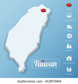 Republic of Taiwan map. Taipei city. Including tourism icon in flat design for modern infographic, Vector, Illustration
