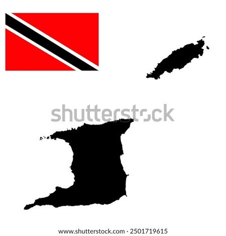 Republic of Trinidad and Tobago map vector silhouette illustration isolated on white background. Trinidad and Tobago map territory. Caribbean country. Trinidad and Tobago flag.