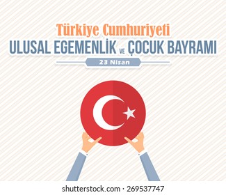 Republic of Turkey Celebration Card and Greeting Message Poster, Background, Badges - English "National Sovereignty and Children's Day, April 23" 