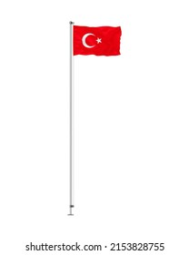 Republic of Turkey flying flag vector illustration. Waving Turkish flag on metal pole isolated on white background