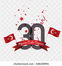 Republic of Turkey National Victory Celebration Card, Background, Badges Vector with Flag - English "August 30, Victory Day" Red Background with Confetti