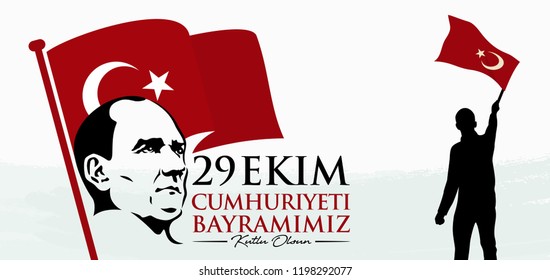 Republic of Turkey - October 29, 1923. 29 Ekim; Cumhuriyet Bayrami. Kutlu Olsun. Translation: Republic Day; Happy Birthday. Mustafa Kemal Ataturk. Vector Illustration.