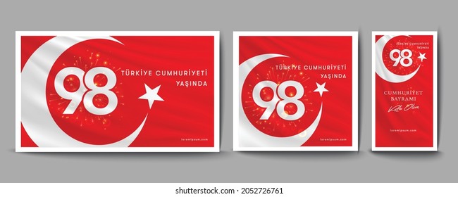 Republic of Turkey - October 29, 1923. 98 yasinda; 29 Ekim; Turkiye Cumhuriyeti. Kutlu Olsun. Translation: 98 years; Happy Birthday. Mustafa Kemal Ataturk. Vector Illustration.