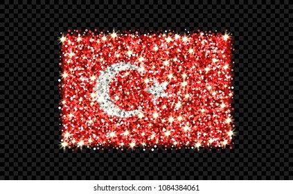 Republic of Turkey sparkling flag. Icon with Turkish national colors with glitter effect in official proportions. Background design. Vector illustration. One of a series of signs