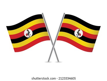 The Republic of Uganda crossed flags. Ugandan flags on a white background. Vector icon set. Vector illustration.