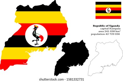 Republic of Uganda, Jamhuri ya Uganda vector map, flag, borders, mask , capital, area and population infographic