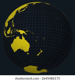 Republic of Vanuatu on Globe. Country view on the world map in Charcoal Bright Yellow color palette. Vanuatu shape on map. Globe with meridians, parallels, countries, rivers and lakes.