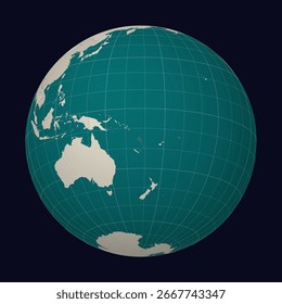 República de Vanuatu en el mapa. Globo centrado en Vanuatu. Ubicación de Country en el mapa mundial. Paleta de colores Teal Pale Mint. Globo con países, meridianos y paralelos. Una Ilustración vectorial increíble.