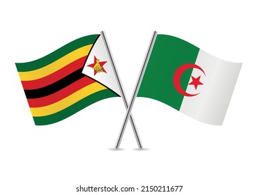 The Republic of Zimbabwe and Algeria crossed flags. Zimbabwean and Algerian flags on white background. Vector icon set. Vector illustration.