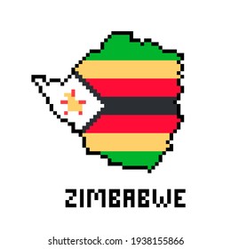 Republic of Zimbabwe, pixel art african country map with flag isolated on white background.