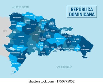 Republica Dominicana, Dominican Republic political map. Detailed vector illustration with isolated provinces, regions and cities, easy to ungroup.