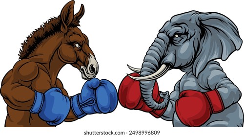 Republican and democrat elephant and donkey facing off American election party politics concept