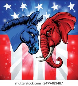 Republican and democrat elephant and donkey facing off American election party politics concept