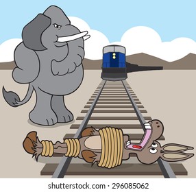 Republican elephant has just finished tying the democrat donkey to the railroad tracks