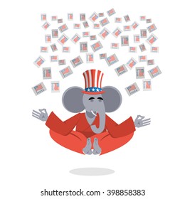 Republican Elephant hat Uncle Sam meditating votes in elections. Cheerful public illustration. Symbol of political parties in America.
