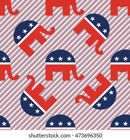 Republican elephants seamless pattern on red and blue stripes background. USA presidential elections patriotic wallpaper with republican elephants. Tiling pattern vector illustration.