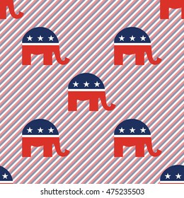 Republican elephants seamless pattern on red and blue stripes background. USA presidential elections patriotic wallpaper with republican elephants. Wrapping pattern vector illustration.