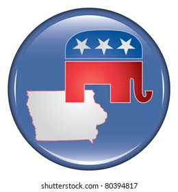 Republican Iowa Button is an illustration of a United States election campaign button promoting the right and will to vote Republican in Iowa.