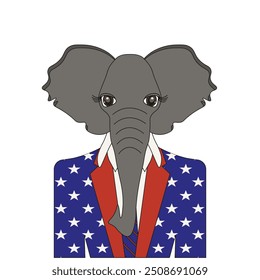 Republican Party symbol. Elephant in the suit of american flag color. Template design user icon and t-shirt print isolated transparent background. Vector illustration. EPS 10