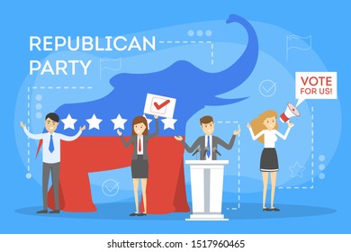 Republican party in the USA. Red elephant as a symbol of political party. Idea of presidential election. Vector illustration in cartoon style