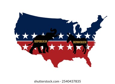 Partidos políticos republicanos VS demócratas EE. UU. Símbolo de la bandera del mapa. Campaña presidencial de Estados Unidos Voto político estadounidense. Signo patriótico estadounidense. Día de las elecciones presidenciales. Votar 2024 en EE.UU., Vector Anuncio.