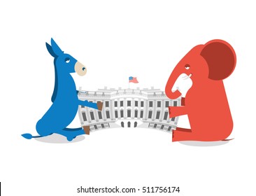  Republicans and Democrats share authority. Elephant and Donkey divide White house. Political presidential elections in USA. Government Building America