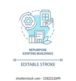 Repurpose existing buildings turquoise concept icon. Carbon neutralization strategy abstract idea thin line illustration. Isolated outline drawing. Editable stroke. Arial, Myriad Pro-Bold fonts used
