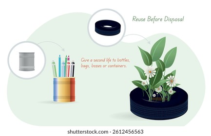 Repurposing bottles, cans and tires into organizers, pots, and containers promotes sustainability and reduces waste