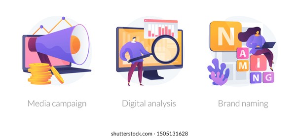 Reputation Building Icons Set. Viral Marketing, Statistical Research, Professional Pr Service. Media Campaign, Digital Analysis, Brand Naming Metaphors. Vector Isolated Concept Metaphor Illustrations