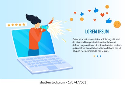 Reputation business management vector illustration. Cartoon flat businesswoman speaker character with megaphone in hand announcing content news for customers, managing social media campaign service