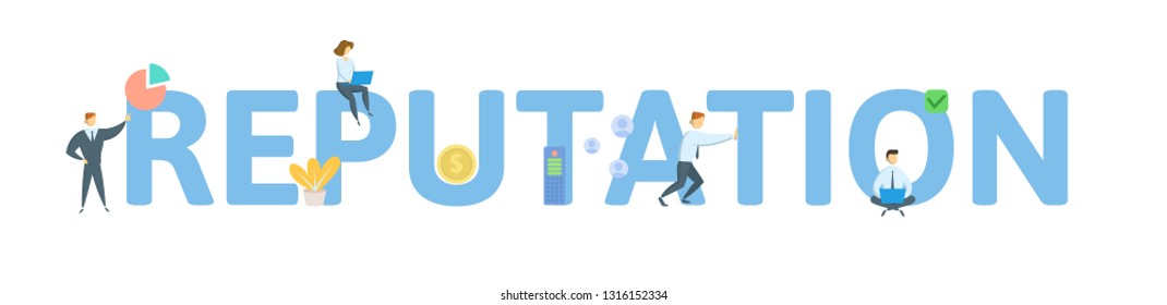 REPUTATION. Concept with people, letters and icons. Colored flat vector illustration. Isolated on white background.