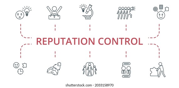 Reputation Control icon set. Contains editable icons theme such as innovation research, organization, business dialog and more.