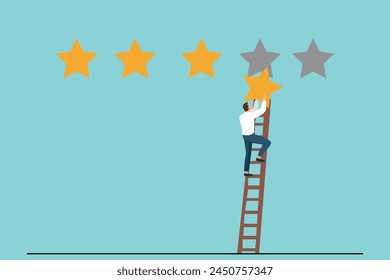 Reputation, High quality 5 star rating review, customer feedback or credit score, review rating concept, businessman holding 5th star climbs ladder to get best rating.