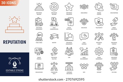 Reputation icon set. trust, brand, perception, credibility, and more. Editable stroke. Vector illustration
