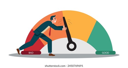 Reputation, Male businessman with credit score scale. Young man changing personal financial account information from bad to good. Financial growth, career. Vector illustration.