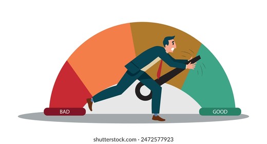 Reputation, Male businessman with credit score scale. Young man changing personal financial account information from bad to good. Financial growth, career. Vector illustration.