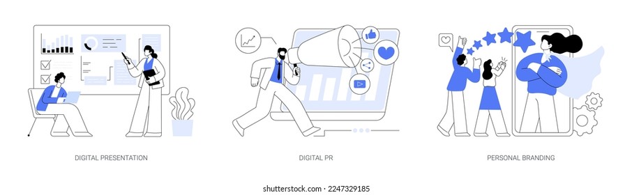 Reputation management abstract concept vector illustration set. Digital presentation, PR strategy, personal branding, brand awareness, online meeting, digital marketing campaign abstract metaphor.