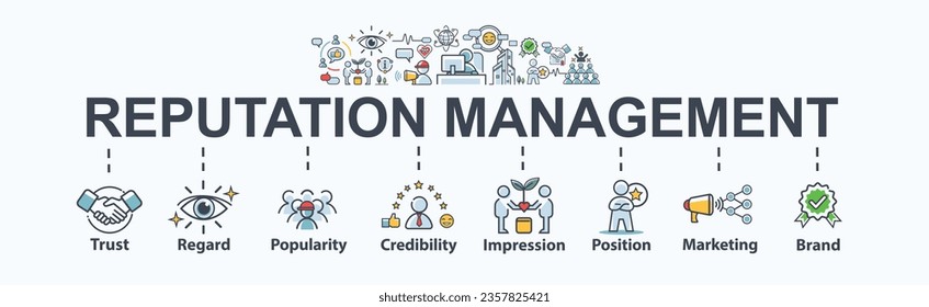 Reputation management banner web icon for business and personal branding, trust, regard, popularity, credibility, impression, position, marketing and brand. Minimal vector infographic.