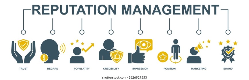 Reputação gestão banner web ícone vetor ilustração conceito com ícone de confiança, respeito, popularidade, credibilidade, impressão, posição, marketing e marca