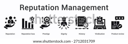 Reputation management banner web icon monitors standing and prestige maintaining dignity through history and vindication reviews.
