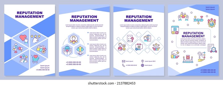 Reputation Management Blue Broschüre Vorlage. PR-Arbeit. Entwurf der Packungsbeilage mit linearen Symbolen. 4 Vektorgrafiken zur Präsentation, Jahresberichte. Arial-Black, Myriad Pro-Regular Schriftarten verwendet