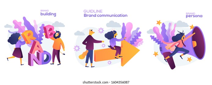 Reputation management. Brand building, brand persona, brand communication guideline metaphors. Vector isolated concept metaphor illustrations. Corporate identity, company personality development. 
